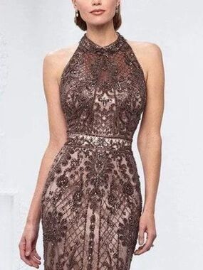 Elegant Ivonne D for Mon Cheri Halter Beaded Evening Dress in Mocha, Size 12